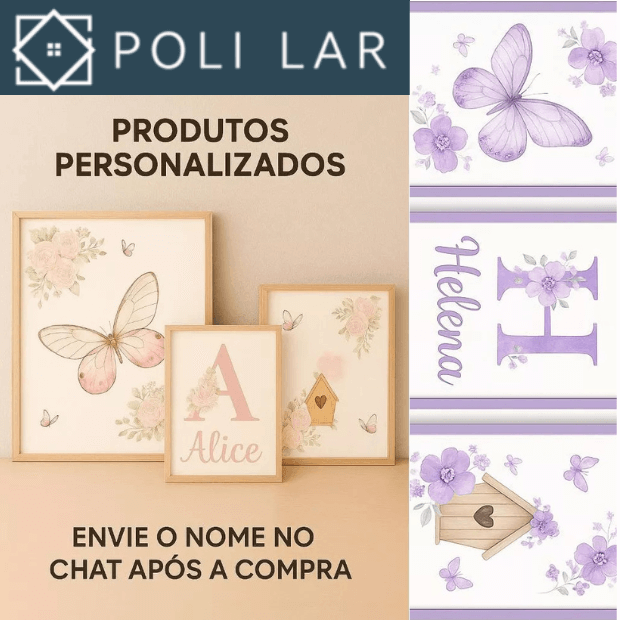 Quadro decorativo Infantil Borboletinha Lilás Quarto de menina - "Poli Lar" (Personalizável com nome)