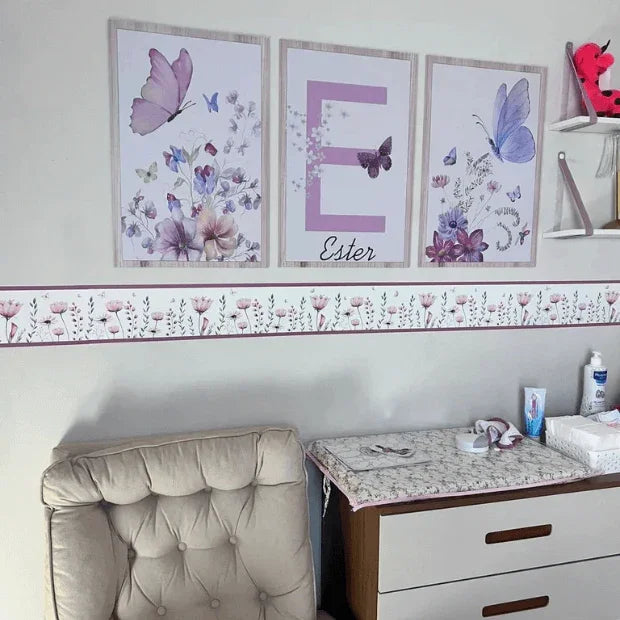 Quadro Decorativo Infantil Borboletas - Quarto Menina - "Poli Lar" (Ganhe Personalização de nome)