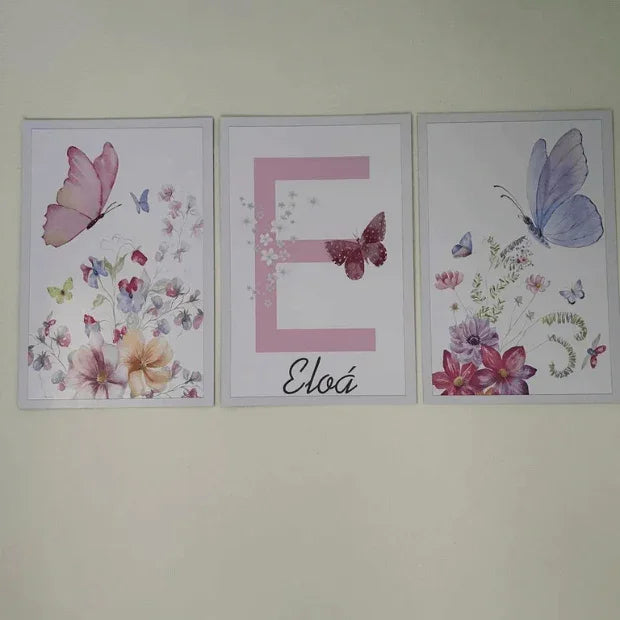 Quadro Decorativo Infantil Borboletas - Quarto Menina - "Poli Lar" (Ganhe Personalização de nome)