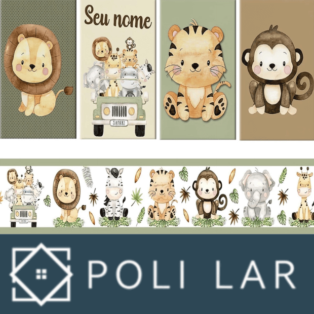 Kit Quadros Decorativos Safari Baby Infantil Personalizado Com Nome + Faixa Adesiva de Parede - "Poli Lar"