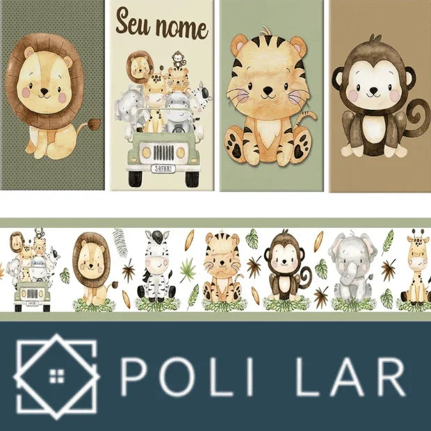 Kit Quadros Decorativos Safari Baby Infantil Personalizado Com Nome + Faixa Adesiva de Parede - "Poli Lar"