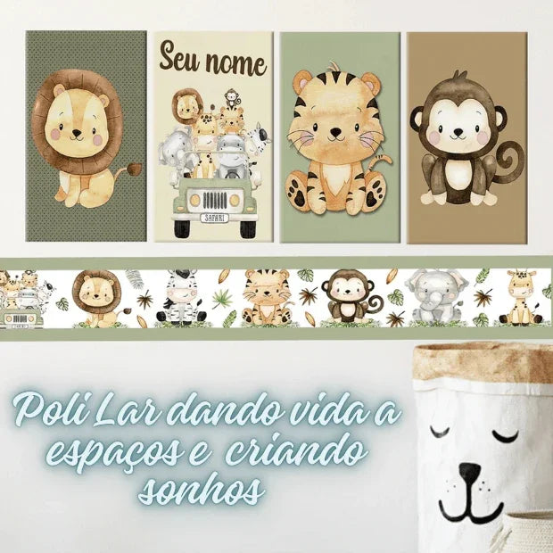 Kit Quadros Decorativos Safari Baby Infantil Personalizado Com Nome + Faixa Adesiva de Parede - "Poli Lar"
