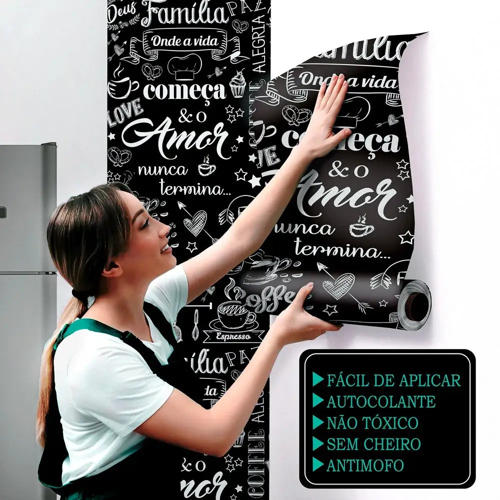 Papel de Parede Cantinho do Café (Preto Fosco) "Poli Lar" Frases de Carinho e Amor