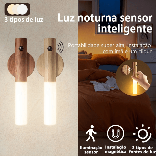 Luminária de Luz Led Recarregável com Sensor de Movimento (Arandela de Madeira Minimalista) "Poli Lar"