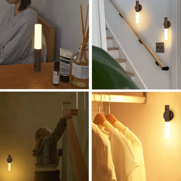 Luminária de Luz Led Recarregável com Sensor de Movimento (Arandela de Madeira Minimalista) "Poli Lar"