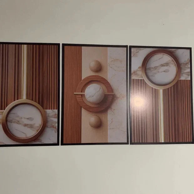Quadro Decorativo 3 Peças (Abstrato Geométrico -- Linhas em forma de Madeira) "Poli Lar"
