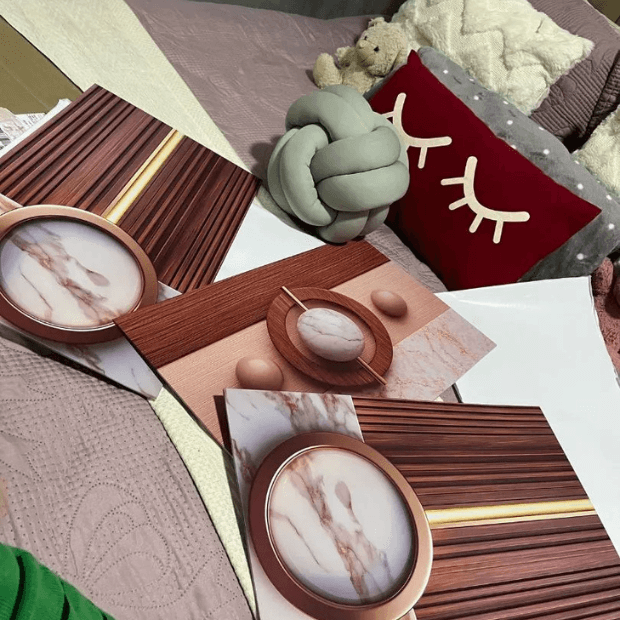 Quadro Decorativo 3 Peças (Abstrato Geométrico -- Linhas em forma de Madeira) "Poli Lar"