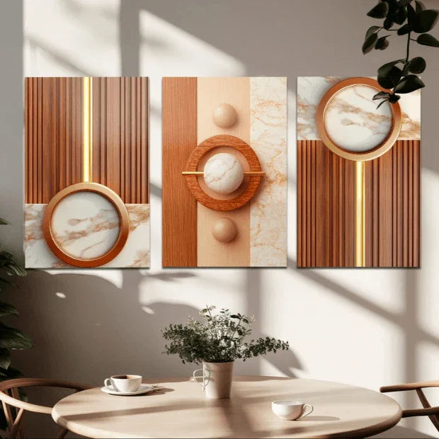 Quadro Decorativo 3 Peças (Abstrato Geométrico -- Linhas em forma de Madeira) "Poli Lar"