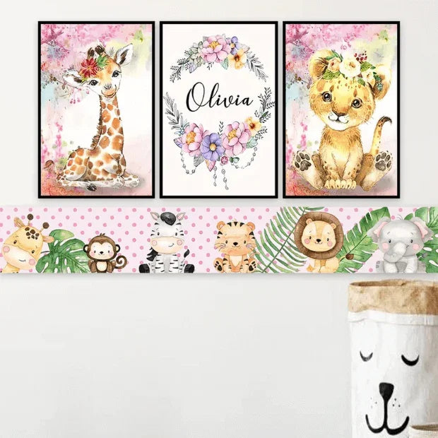 Quadros Decorativos Infantil Safari - Meninas - da "Poli Lar" (Brinde -- Personalização com nome da Pequena)
