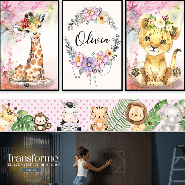 Quadros Decorativos Infantil Safari - Meninas - da "Poli Lar" (Brinde -- Personalização com nome da Pequena)