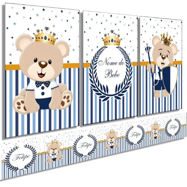 Kit de Quadros Decorativos Infantil -- Príncipe Urso -- "Poli Lar" (Comprando hoje ganhe Uma faixa Exclusiva adesiva e Personalizada com o nome do Pequeno)