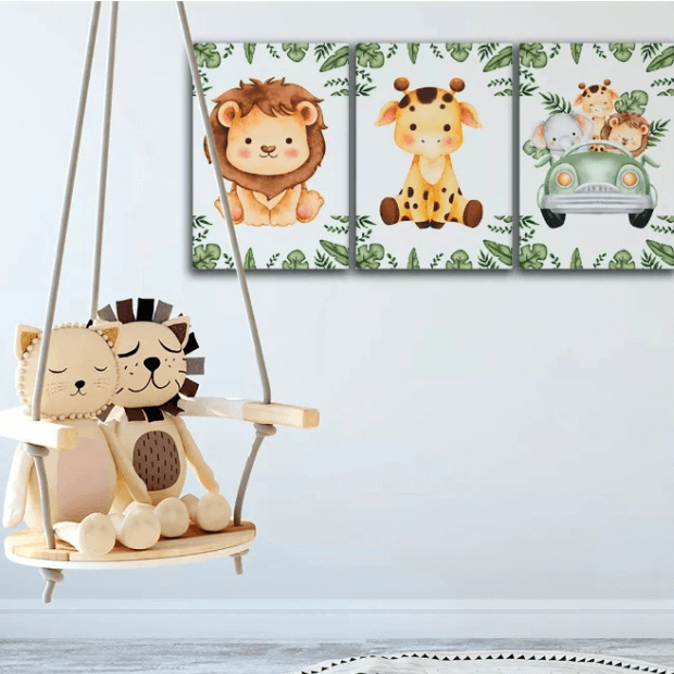 Quadro Decorativo Infantil - Animais do Safari - 3 Peças da "Poli Lar"
