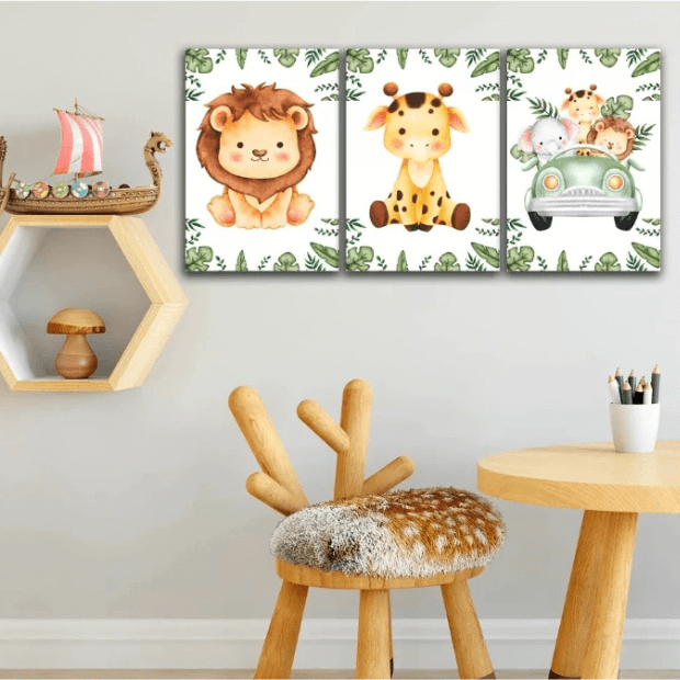 Quadro Decorativo Infantil - Animais do Safari - 3 Peças da "Poli Lar"