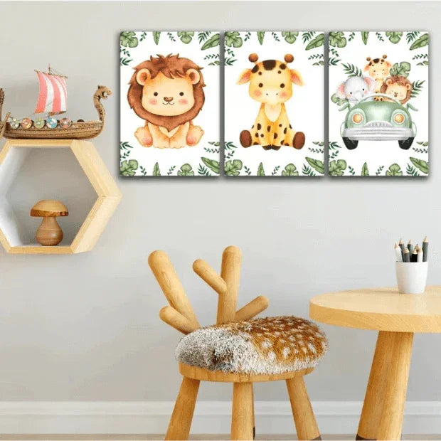 Quadro Decorativo Infantil - Animais do Safari - 3 Peças da "Poli Lar"
