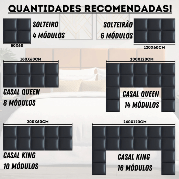 Cabeceira Modular "Poli Lar". Encosto Almofadado para Camas de Solteiro, Casal, Queem e King.