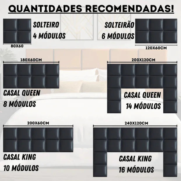 Cabeceira Modular "Poli Lar". Encosto Almofadado para Camas de Solteiro, Casal, Queem e King.