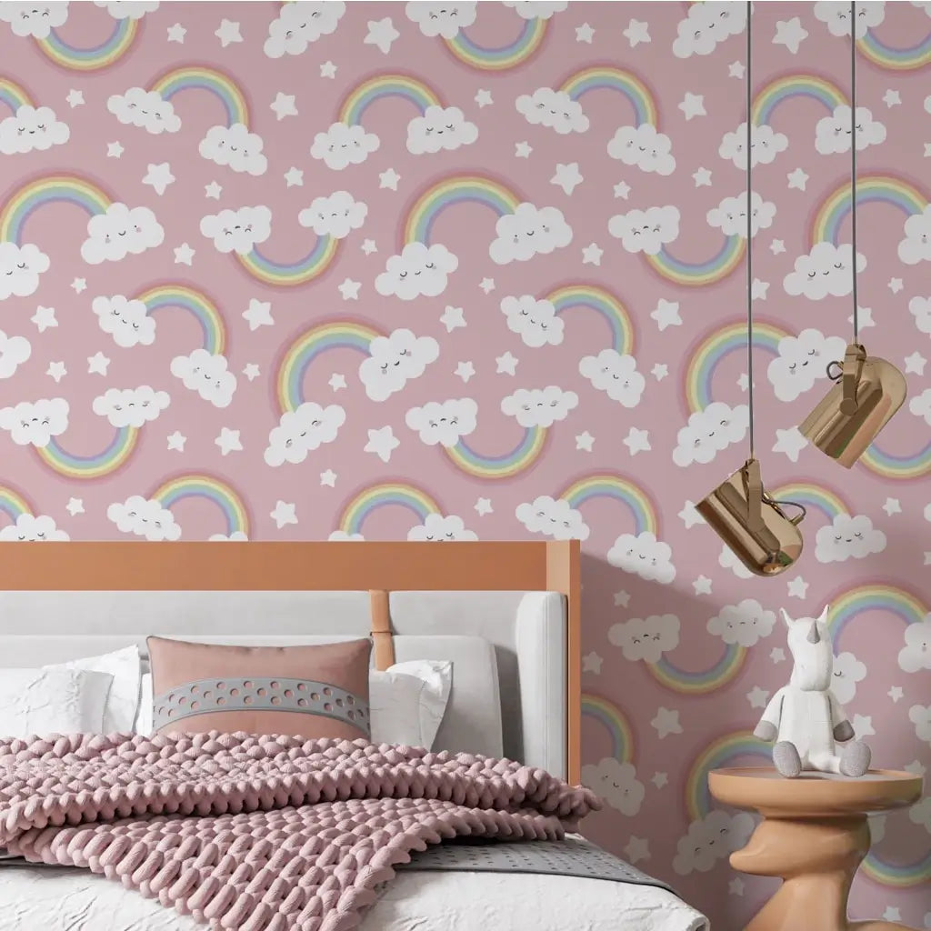 Papel de Parede Infantil (Nuvens Rosa Arco Iris) Meninas "Poli Lar"