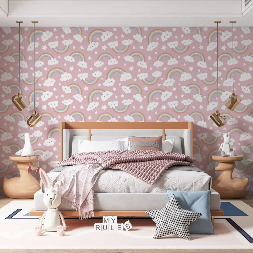 Papel de Parede Infantil (Nuvens Rosa Arco Iris) Meninas "Poli Lar"
