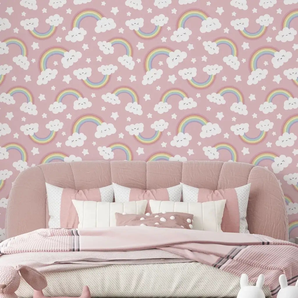 Papel de Parede Infantil (Nuvens Rosa Arco Iris) Meninas "Poli Lar"