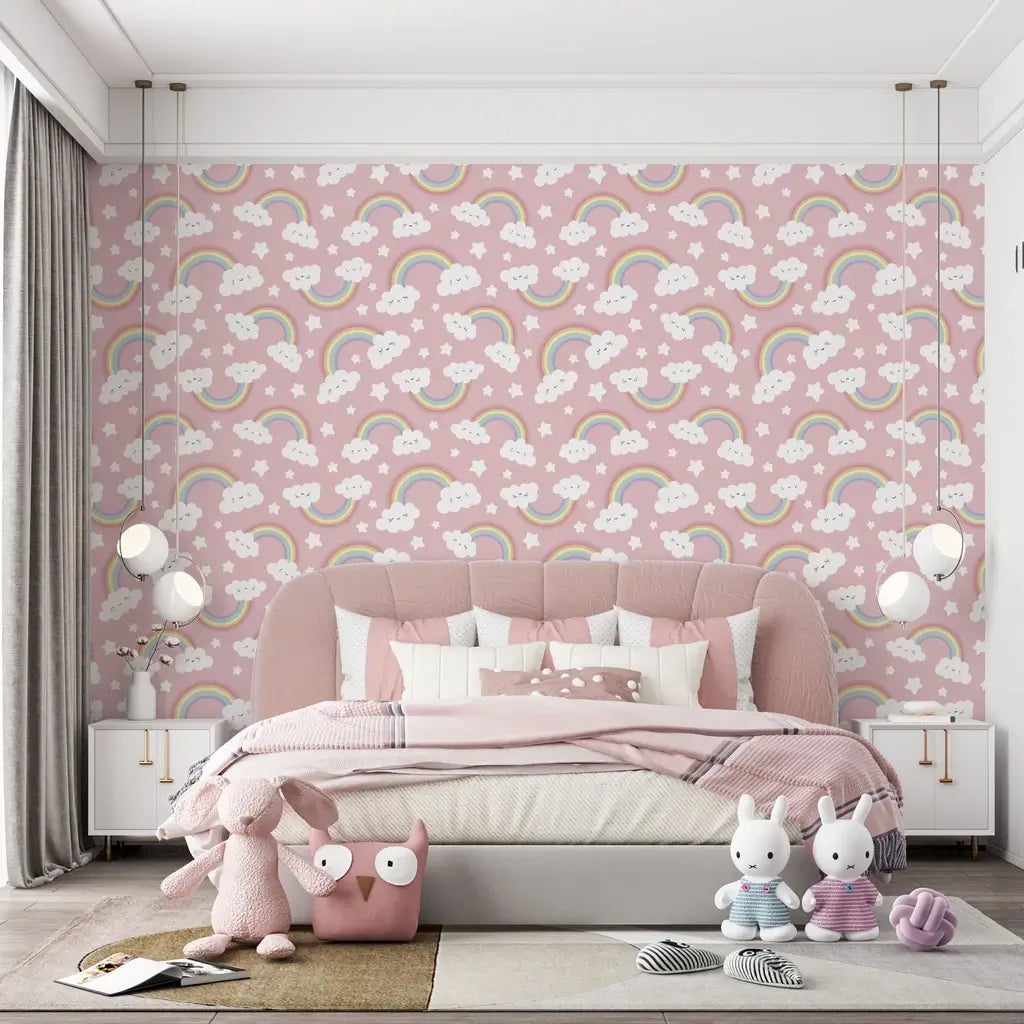 Papel de Parede Infantil (Nuvens Rosa Arco Iris) Meninas "Poli Lar"