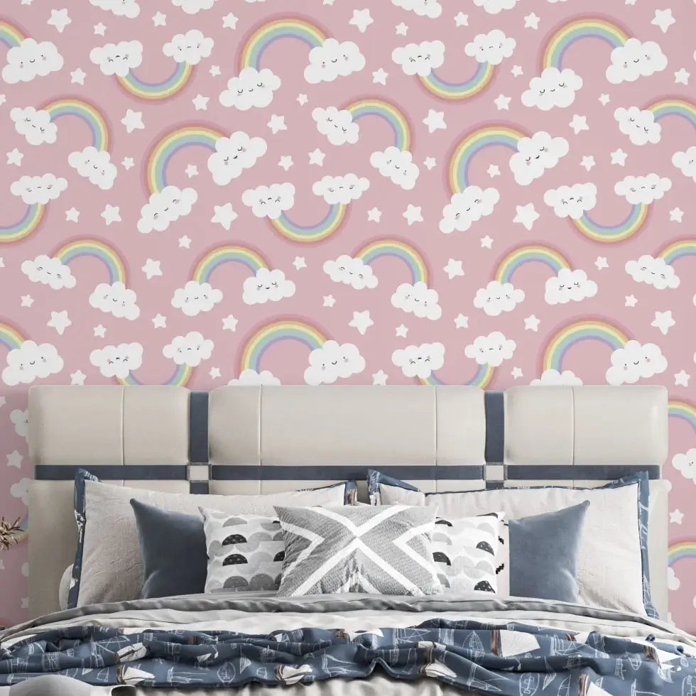 Papel de Parede Infantil (Nuvens Rosa Arco Iris) Meninas "Poli Lar"