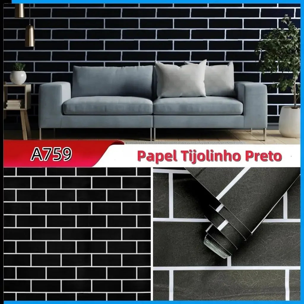 Papel de Parede 3D Desing Tijolo (Preto Fosco) "Poli Lar"