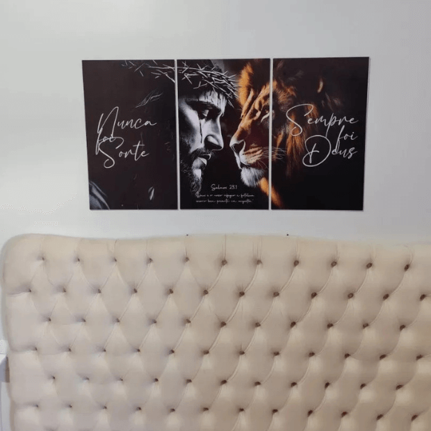 Quadros Decorativo, Jesus e Leão de Judá -- Frases Religiosas (Nunca Foi Sorte, Sempre foi Deus) "Poli Lar"