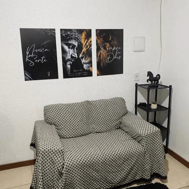 Quadros Decorativo, Jesus e Leão de Judá -- Frases Religiosas (Nunca Foi Sorte, Sempre foi Deus) "Poli Lar"