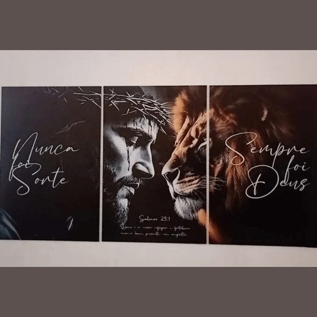 Quadros Decorativo, Jesus e Leão de Judá -- Frases Religiosas (Nunca Foi Sorte, Sempre foi Deus) "Poli Lar"