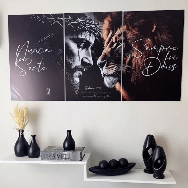 Quadros Decorativo, Jesus e Leão de Judá -- Frases Religiosas (Nunca Foi Sorte, Sempre foi Deus) "Poli Lar"