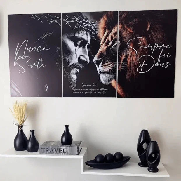 Quadros Decorativo, Jesus e Leão de Judá -- Frases Religiosas (Nunca Foi Sorte, Sempre foi Deus) "Poli Lar"