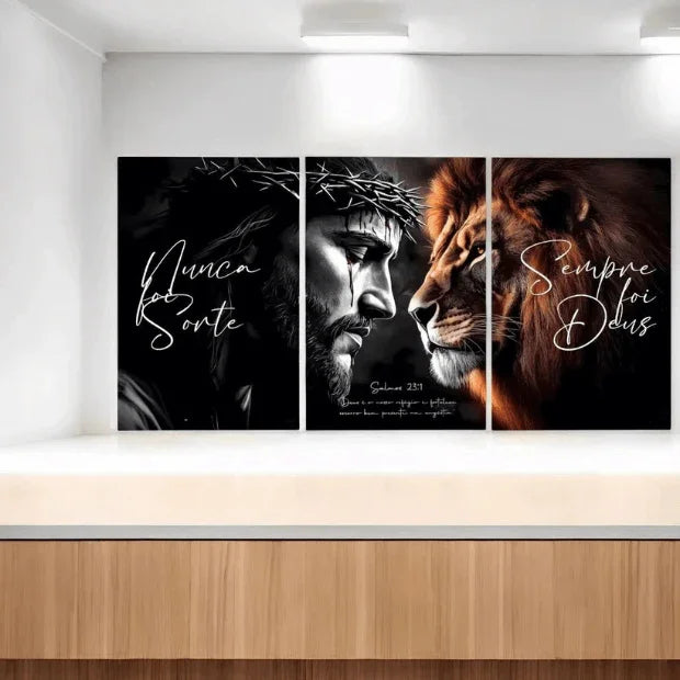 Quadros Decorativo, Jesus e Leão de Judá -- Frases Religiosas (Nunca Foi Sorte, Sempre foi Deus) "Poli Lar"