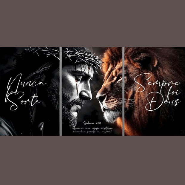 Quadros Decorativo, Jesus e Leão de Judá -- Frases Religiosas (Nunca Foi Sorte, Sempre foi Deus) "Poli Lar"