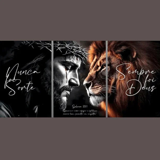 Quadros Decorativo, Jesus e Leão de Judá -- Frases Religiosas (Nunca Foi Sorte, Sempre foi Deus) "Poli Lar"
