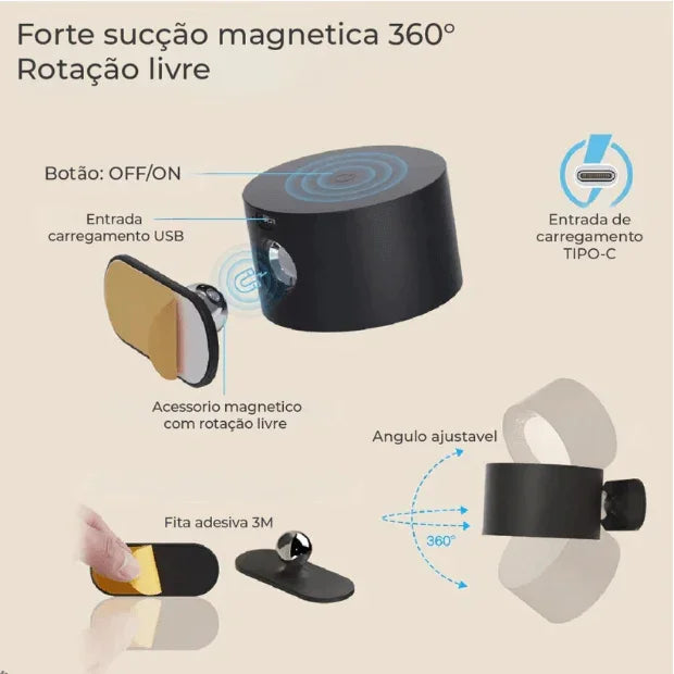 Luminária Spot de led (Arandela luz de parede) 3 tons de Luz recarregável USB "Poli Lar"