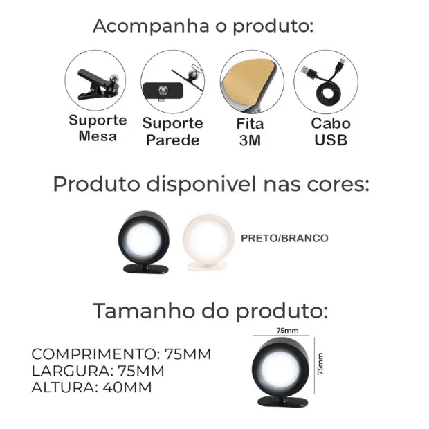 Luminária Spot de led (Arandela luz de parede) 3 tons de Luz recarregável USB "Poli Lar"