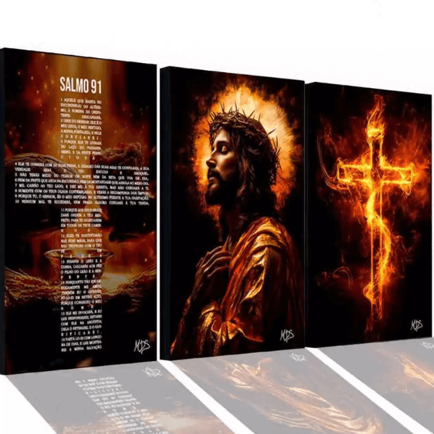 Quadros Decorativos Religiosos (Salmo 91, Jesus Cristo e Cruz Sagrada) da "Poli Lar"