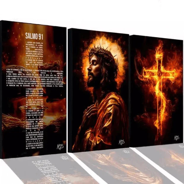 Quadros Decorativos Religiosos (Salmo 91, Jesus Cristo e Cruz Sagrada) da "Poli Lar"
