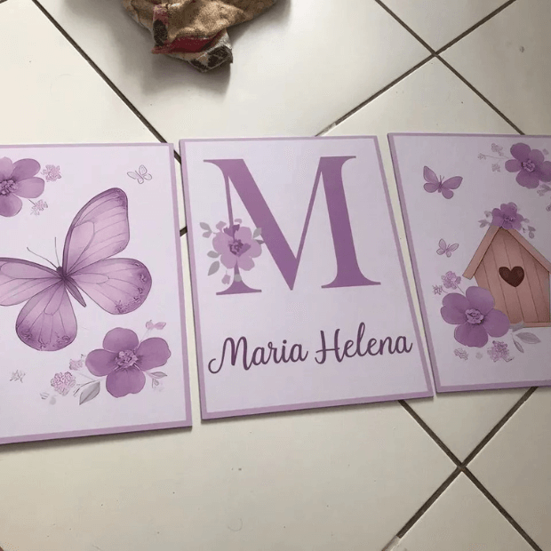 Quadro decorativo Infantil Borboletinha Lilás Quarto de menina - "Poli Lar" (Personalizável com nome)