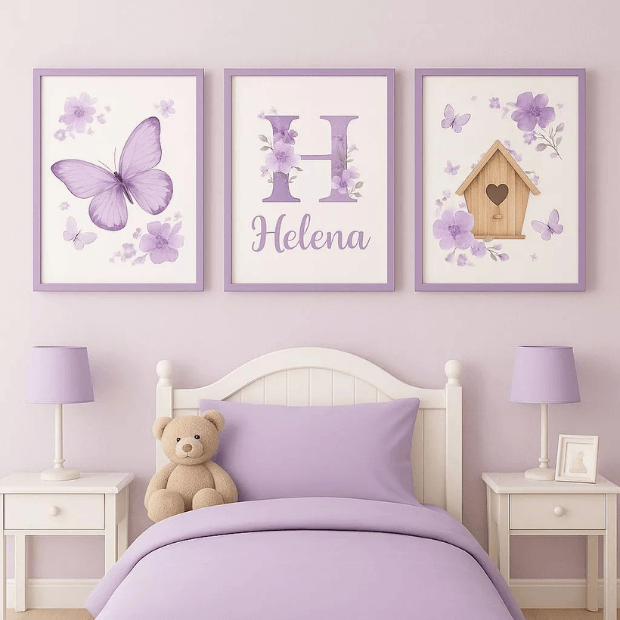 Quadro decorativo Infantil Borboletinha Lilás Quarto de menina - "Poli Lar" (Personalizável com nome)