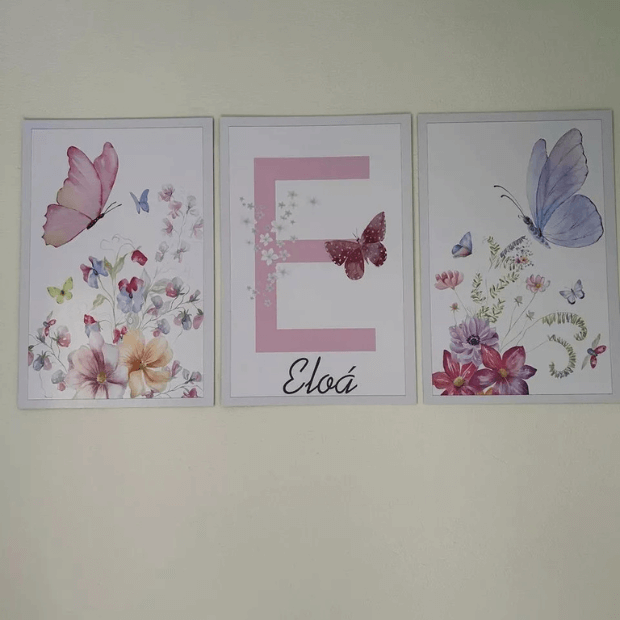 Quadro Decorativo Infantil Borboletas - Quarto Menina - "Poli Lar" (Ganhe Personalização de nome)