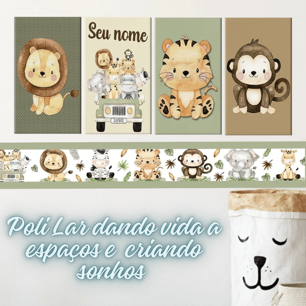 Kit Quadros Decorativos Safari Baby Infantil Personalizado Com Nome + Faixa Adesiva de Parede - "Poli Lar"