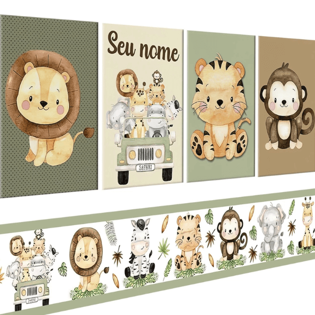 Kit Quadros Decorativos Safari Baby Infantil Personalizado Com Nome + Faixa Adesiva de Parede - "Poli Lar"