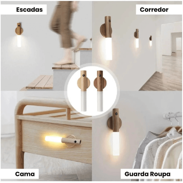 Luminária de Luz Led Recarregável com Sensor de Movimento (Arandela de Madeira Minimalista) "Poli Lar"