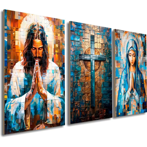 Quadro Religioso Decorativo "Poli Lar" -- (Jesus Cristo/ Cruz Sagrada/ Maria)