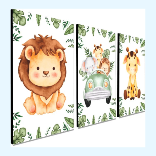 Quadro Decorativo Infantil - Animais do Safari - 3 Peças da "Poli Lar"