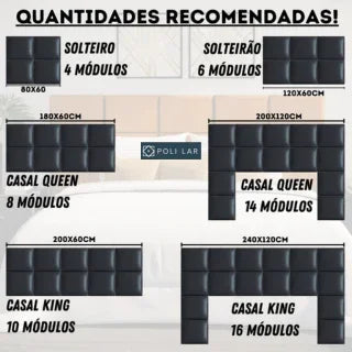 Cabeceira Modular "Poli Lar". Encosto Almofadado para Camas de Solteiro, Casal, Queem e King.