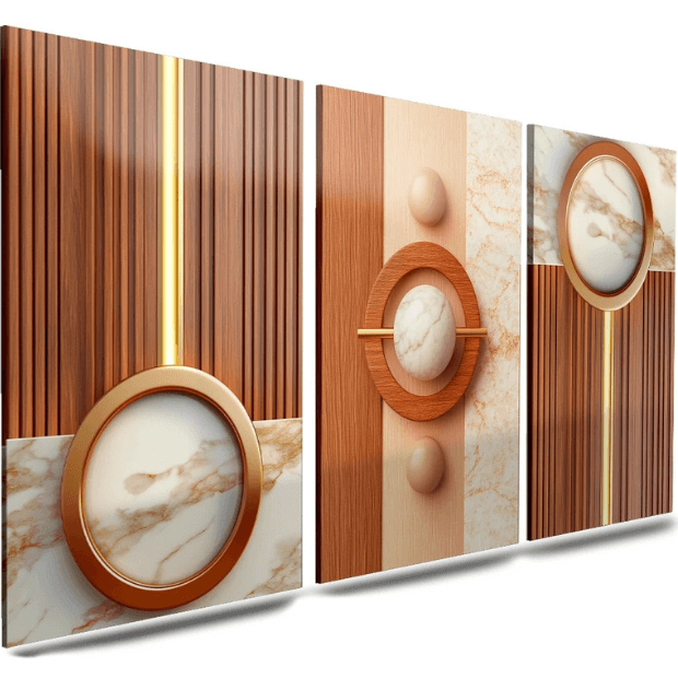 Quadro Decorativo 3 Peças (Abstrato Geométrico -- Linhas em forma de Madeira) "Poli Lar"