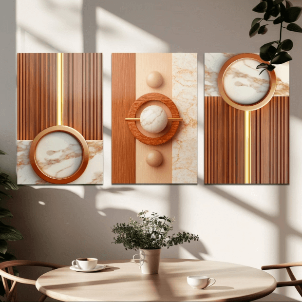 Quadro Decorativo 3 Peças (Abstrato Geométrico -- Linhas em forma de Madeira) "Poli Lar"