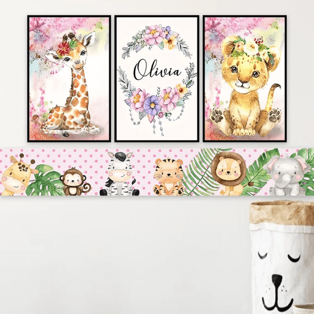 Quadros Decorativos Infantil Safari - Meninas - da "Poli Lar" (Brinde -- Personalização com nome da Pequena)